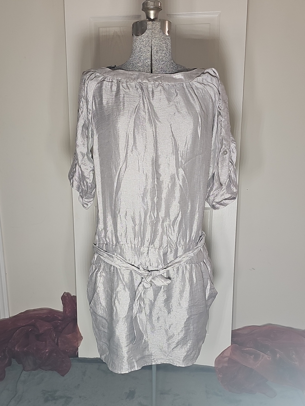 The Limited Linen Blend Lined Drop Waist 3/4 Roll Sleeve Midi Belted Dress SizeM